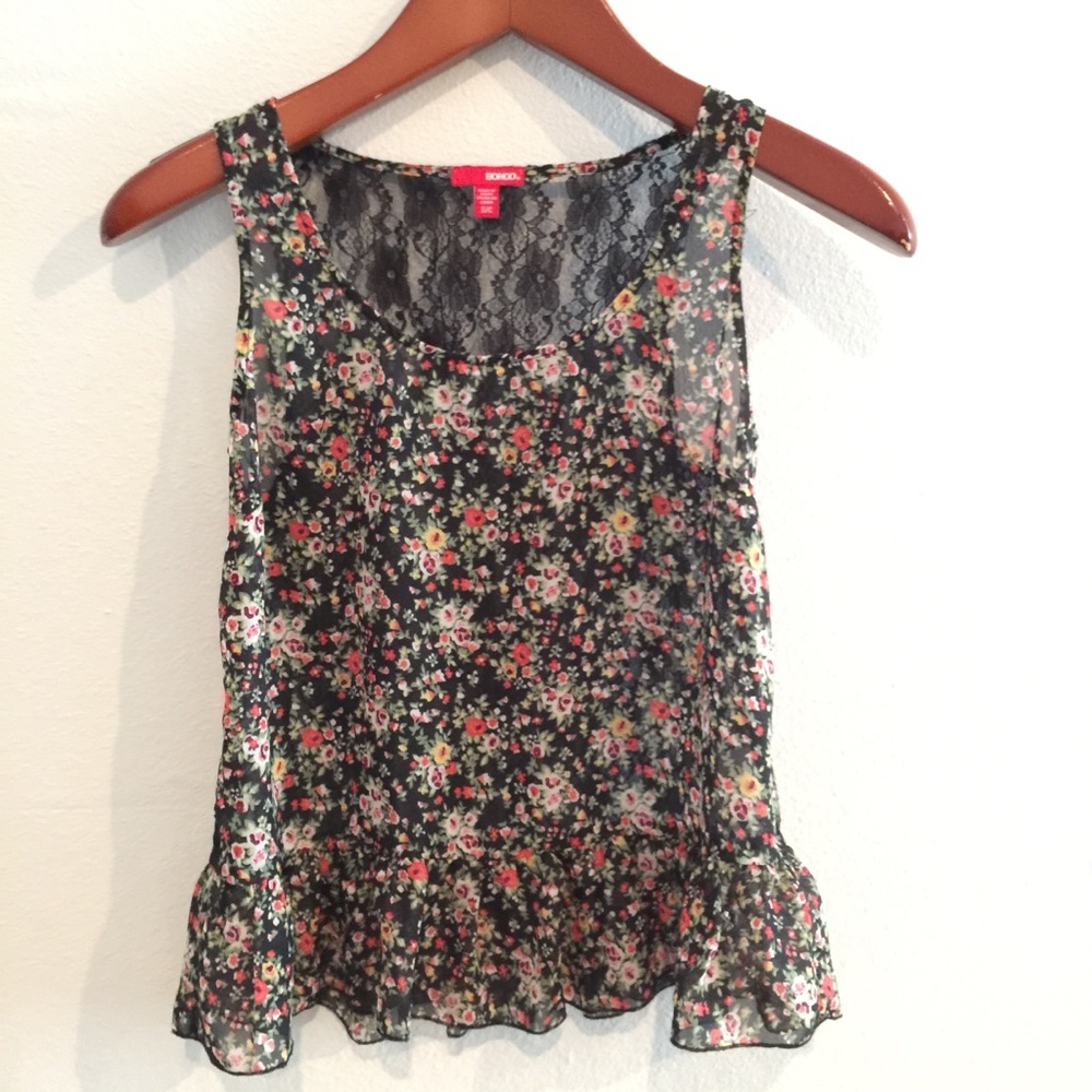 Bongo Lace Ruffle Floral Tank Summer Sheer